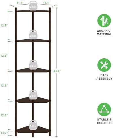 Wisuce Brown Tall Corner Shelf Stand, 5-Tier Bamboo Corner Bookshelf