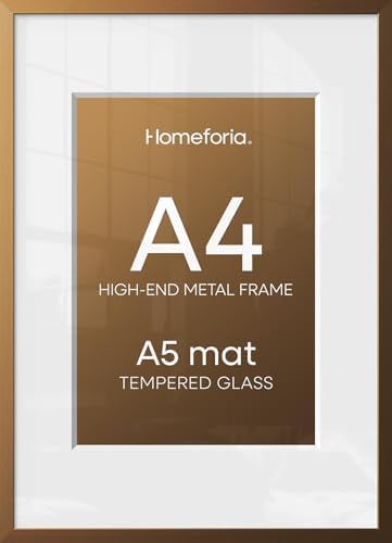 Homeforia A4 Bronze Picture Frame, High-End Metal, A5 Mat, Glass