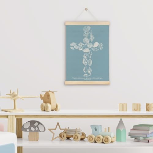 SereneHanctuary Blue Christian Coastal Wall Art, Beach Seashell Wall Decor, Psalm 93:4 Bible Verses Religious Poster Hanger Frame for Girls Bedroom Home Church Decor, 12x16 Inches