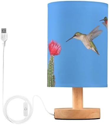 Table Lamp Hummingbird Couple Flying to Cactus with Red Flower Blue Sky Nightstand Lamp with Wood Base Fabric Lamp Shade Bedside Desk Lamp for Living Room Bedroom Kids Room Office