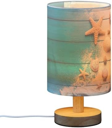 Table Lamp Summer Seashell Starfish Rope Sand on Blue Wood Nightstand Lamp with Wood Base Fabric Lamp Shade Bedside Desk Lamp for Living Room Bedroom Kids Room Office