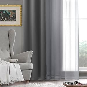 DWCN Grey Ombre Short Sheer Curtains - Faux Linen Semi Voile Gradient Light-Filtering Bedroom and Living Room Curtains, Set of 2 Grommet Top Window Drape Panels, 52 x 45 Inch Length