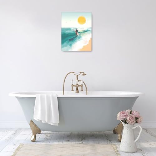 Beach Surfing Wall Art Ocean Coastal Wave Canvas Wall Decor Summer Nature Seascape Pictures Painting Print Framed Artwork Decorations for Bathroom Living Room Office Bedroom 16"x20"