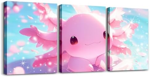 Feelyou Kids Cartoon Axolotl Wall Painting Posters Cute Pink Salamander Wall Decor Boys Girls Ocean Animals Canvas Wall Art for Living Room Bedroom Pink Cherry Blossom Bathroom Wall Art