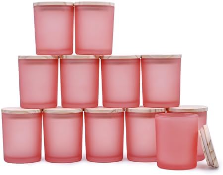SHOWIN Thick Candle Jars for Making Candles 12 Pcs, 7 OZ Empty Jars with Wood Lids for Candle Making, Sample Container, Frosted Pink