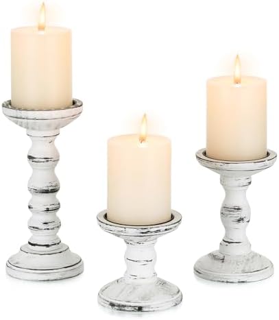 Candeldo Wood Candle Holders for Pillar, White Farmhouse Fireplace Decor