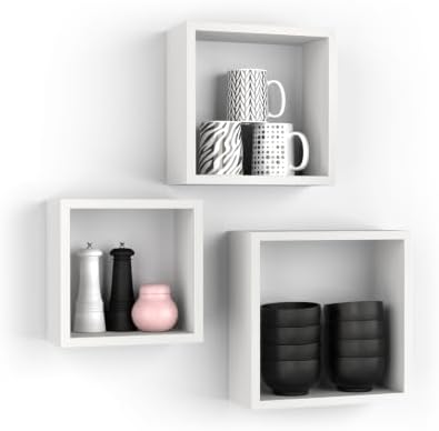 Mobili Fiver, Set of 3 Square Cube Shelves, Giuditta, Ashwood White, Made in Italy