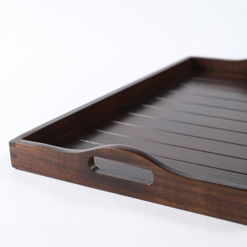 Large Acacia Wooden Serving Tray with Handles 20 x 14 inch Decorative Coffee Table Ottoman Tray for Living Room Extra Large for Kitchen Dinner Food Bar Breakfast in Bed (Dark Brown)