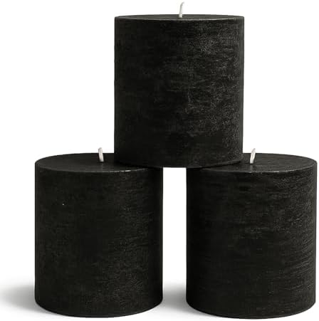 CANDWAX 3x3 Pillar Candles Set of 3 - Rustic Unscented No Drip Black Candles for Halloween Decor, Parties, Gothic Décor