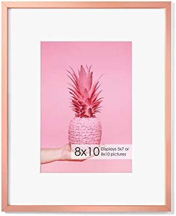 8x10 Inch Metal Picture Frame - Aluminum Photo Frames - 5x7 Mat - High Definition Tempered Glass - Ideal for Wall or Tabletop Display - Wall Hook Hanging Hardware Included - Rose Gold - Set of 1