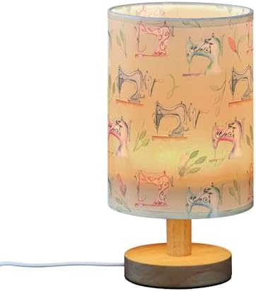 Table Lamp Watercolor Sewing Machine and Floral Pattern Nightstand Lamp with Wood Base Fabric Lamp Shade Bedside Desk Lamp for Living Room Bedroom Kids Room Office