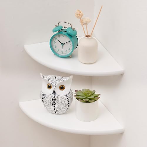 Corner Shelf, White Floating Corner Shelf, Set of 2 7inch Solid Oak Wood Corner Wall Shelves, Round End Wall Mount Display Shelf with Wire Hole for Small Plant for Bedroom Kitchen, Living Room
