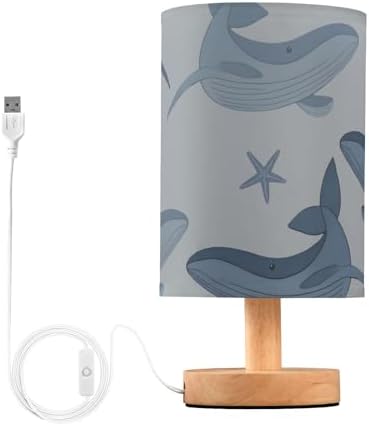 Starfish Gray Whale Table Lamp Bedside Lamps with USB Port,Wood Base Round Flaxen Fabric Shade for Bedroom