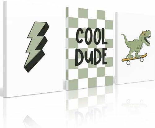 Nursery Dinosaur Wall Art Set of 3 Boys Room Canvas Decor Toddler Kids Art Prints Dinosaur Skateboard Pictures Poster Boys Dino Artwork Decor for Bedroom 12x16 Inch Unframed