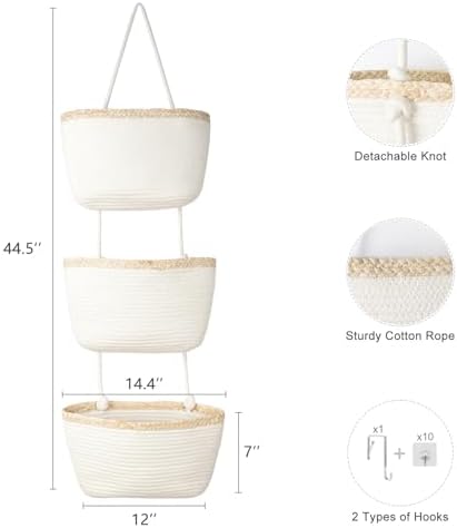 TeoKJ Over the Door Hanging Basket, 3-Tier Woven Cotton Wall-Mounted Storage Organizer Bag Decorative Hanging Nursery Baskets, White & Light Brown