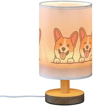 Table Lamp Cute Corgi Dog Smiling Cartoon Animal Nightstand Lamp with Wood Base Fabric Lamp Shade Bedside Desk Lamp for Living Room Bedroom Kids Room Office