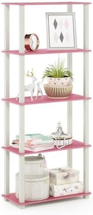 Furinno Turn-N-Tube 5-Tier Multipurpose Shelf / Display Rack / Storage Shelf / Bookshelf, Square Tubes, Pink/White