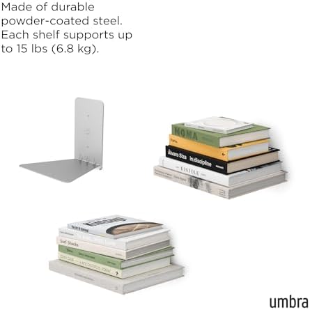 Umbra Conceal Floating Bookshelf, Metal Wall Shelf, Set of 3, Small, Silver