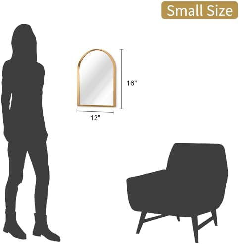 Gold Arched Mirror, Modern Bathroom Wall Mirror Aluminum Alloy Framed Mirror Brushed Metal Vanity Wall Mounted Mirrors for Livingroom Bedroom Entryway Room 16"x12"