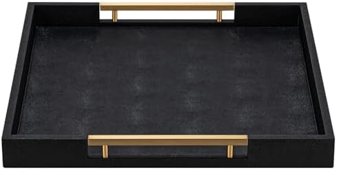 Black Faux Leather Decorative Serving Tray with Handles – Large Square for Coffee Table, Ottoman, Living Room & Bathroom Home Decor