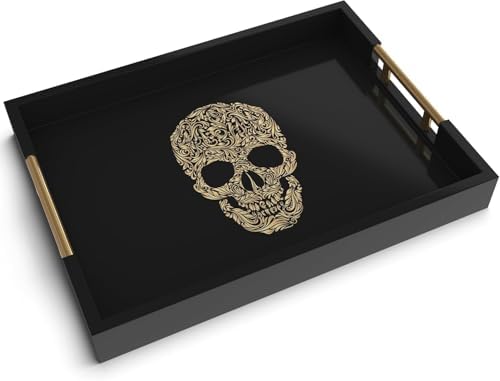 Gothic Skull Serving Tray, Black Gloss, Gold Handles by Death Decor