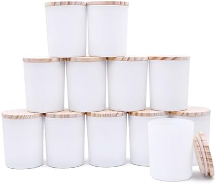 SHOWIN Thick Candle Jars for Making Candles 12 Pcs, 7 OZ Empty Jars with Wood Lids for Candle Making, Sample Container, Matte White