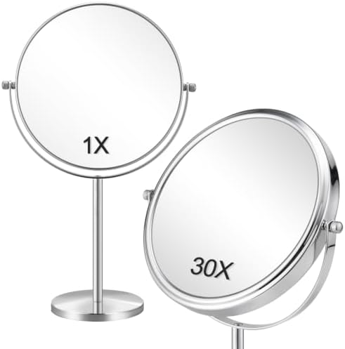 ALHAKIN 30X Magnifying Makeup Mirror, Double Sided Tabletop Mirror with Stand, 8 Inch Vanity Mirror with 360°Rotation for Bathroom, Chrome
