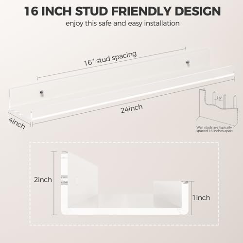 HBlife 24 Inches Floating Shelves Wall Mounted Clear Acrylic Shelves for Figures, 16 Inch Stud Spacing Invisible Floating Bookshelf for Kids and Nursery, 2 Pack (5MM Thick)