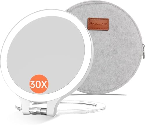 FASCINATE Travel 30X/1X Magnifying Mirror with Light Double Sided Mirror | Rechargeable Lighted Makeup Mirror with 3 Color Setting & Stepless Dimming, Adjustable LED Vanity Mirror