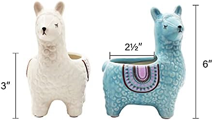 Alpaca Succulent Pots, 2 Pc. Set Animal Planter, Decorative Ceramic Planters for Indoor Home Decor Living Room Kitchen or Outdoor Garden, White and Turquoise