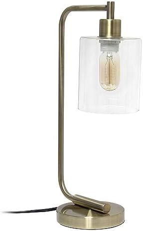 Simple Designs LD1036-ABS 18.8" Industrial Vintage Bronson Antique Style Industrial Iron Lantern Desk Table Lamp with Glass Cylinder Shade for Home Décor, Office, Living Room, Bedroom, Antique Brass