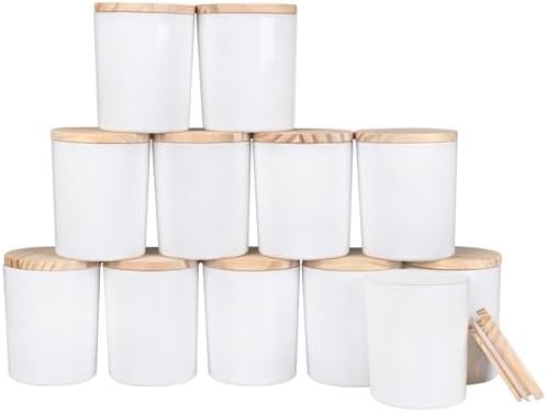 Thick Candle Jars for Making Candles 12 Pcs, 7 OZ Empty Jars with Wood Lids for Candle Making, Sample Container, Glossy White