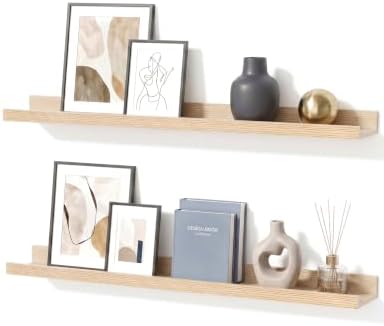 Oak Picture Ledge Shelves, 36 Inch Long Floating Wall Shelf Set of 2