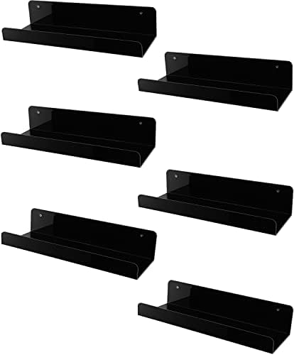 Sooyee 6 Pack Black Floating Shelves, 15 Inch Acrylic Shelves, Wall Mounted Bookshelf, Invisible Picture Ledge Display Shelves