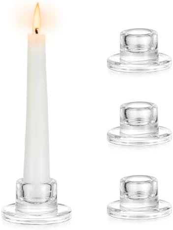 Hewory Glass Taper Candle Holders Bulk, 4 PCS Clear Candlestick Holders