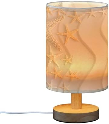Nautical Starfish Gold Wavy Beach Sand Summer Ocean Design Table Lamp with Wood Base Fabric Lamp Shade Bedside Nightstand Desk Lamp for Living Room Bedroom Kids Room Office