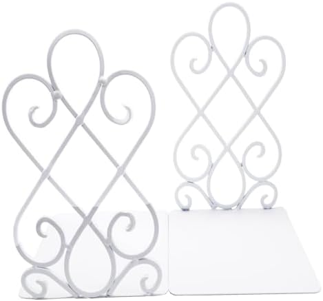 White Metal Bookends, Heavy Duty Book Stoppers for Shelves, Vintage Decorative Book Holders for Home Office Desk, Non-Slip Book Ends for Library Classroom, Set of 2 with Pads