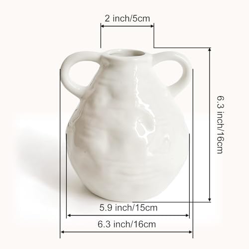 LIFFY Ceramic Vase for Flowers, 6.3 Inch Tall Farmhouse Centerpiece with Double Handles, Rustic Terracotta & Modern Navy White - Home Table Decor (White)