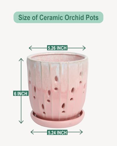 vensovo 6 Inch Ceramic Orchid Pot with Holes and Saucer, Pink Planter