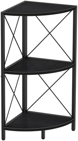Snughome Corner Shelf with Metal Frame, 3 Tier Corner Storage Organizer, Freestanding Corner Bookshelf Stand Display Rack for Kitchen, Living Room, Black