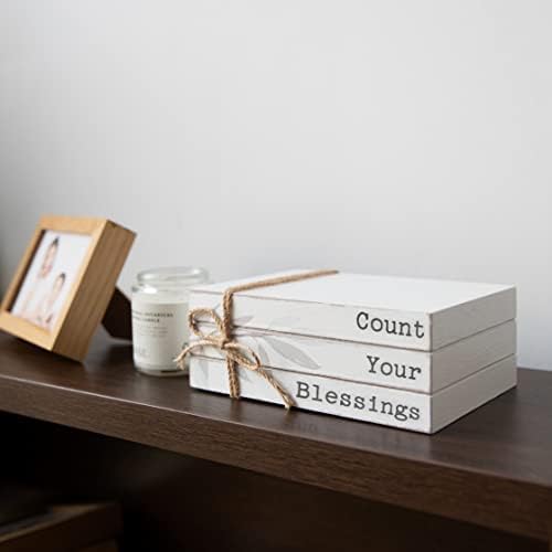 GENMOUS Faux Decorative Books Set for Home Decor, Stacked Wood Faux Books with Wood Bead for Living Room, White Decorative Books for Shelf Decor, Mantel Decor, Farmhouse Decor （Bless）