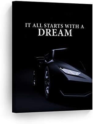 Smile Art Design It All Starts with a Dream Black Sports Car Luxury Motivational Wall Art Canvas Print Inspirational Wall Art Entrepreneur Quote Office Living Room Decor Gift Ready to Hang 28x19