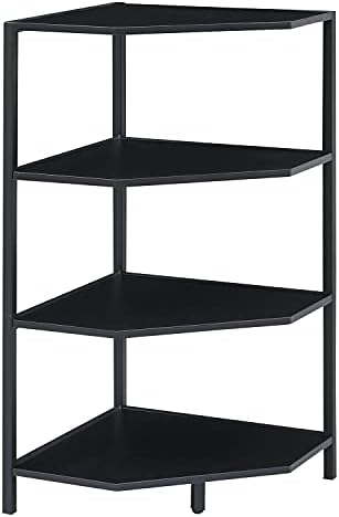 VECELO 31 Inch Corner Shelf, 4-Tier Display Shelves, Wood Storage Stand with Metal Frame, Multipurpose Shelving Unit for Small Space, Home Office, Black