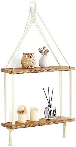 Mkono Macrame Hanging Shelf 2 Tier Boho Wall Room Decor for Teen Girls