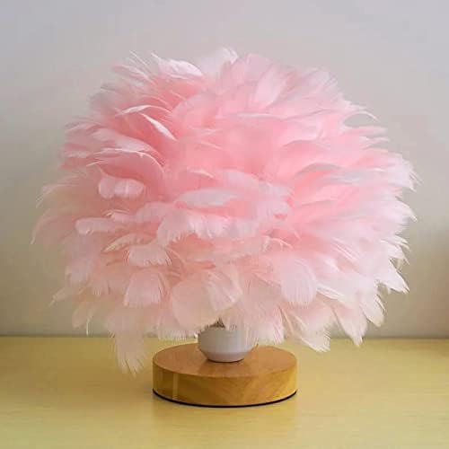 Feather Table Lamp Bedside Lamp with Wooden Base Feather Table Light Desk Lampshade for Bedroom Lamp, Decorative Lamp, Living Room