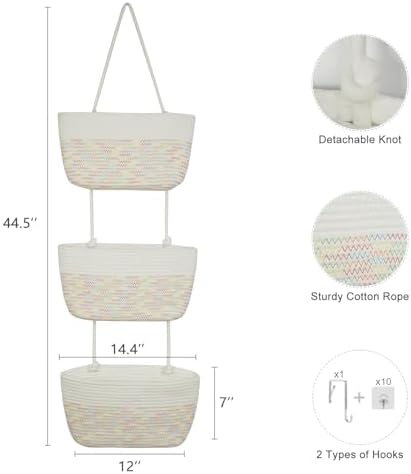 TeoKJ Over the Door Hanging Basket, 3-Tier Woven Cotton Wall-Mounted Storage Organizer Bag Decorative Hanging Nursery Baskets, White & Rainbow Stitching
