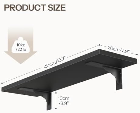 HOOBRO Floating Shelves for Wall, 15.7" Wall Mounted Shelves Set of 2, Hanging Storage Shelf with Metal Brackets, Wooden Shelf for Living Room, Bedroom, Bathroom, Black BK42BJP201G1