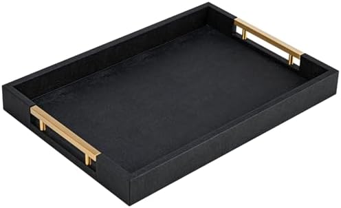 Black Faux Leather Large Square Tray with Handles – Decorative Serving for Coffee Table, Ottoman, Living Room & Bathroom
