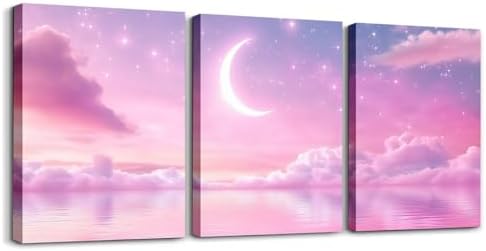 Feelyou Pink Galaxy 3 Piece Canvas Wall Art for Living Room Bedroom Starry Moon Wall Art for Home Decor Dreamy Nebula Office Decor Artwork Outer Space Picture Painting Posters