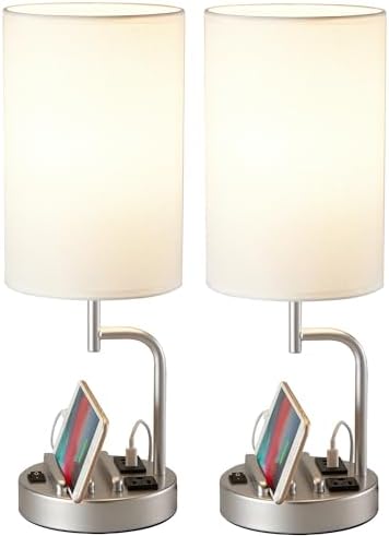 Dreamholder Table Lamp with 3 USB Charging Ports, Modern Desk Lamp with AC Outlet and Phone Stands, Perfect Bedside Lamp for Bedroom, Living Room, Office (Pack of 2), Silver
